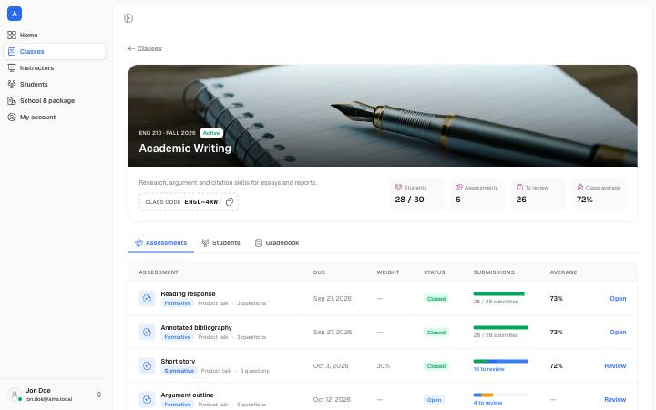 Screenshot of the Admin Classroom View page