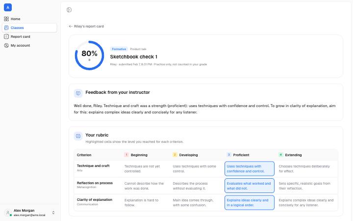 Screenshot of the Child Assessment Feedback page