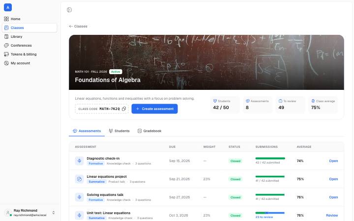 Screenshot of the Classroom: Assessments page