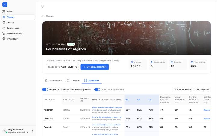 Screenshot of the Classroom: Gradebook page
