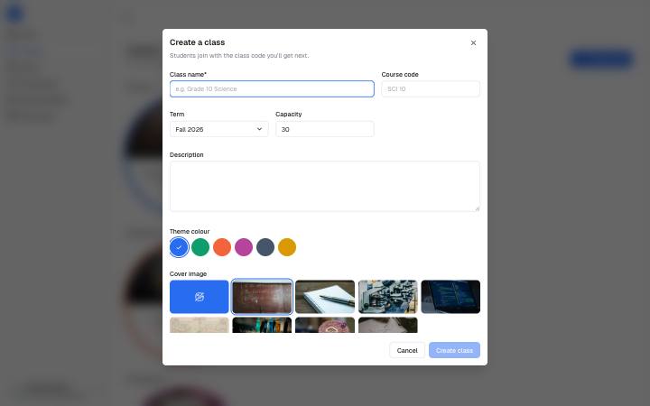 Screenshot of the Create a Class page