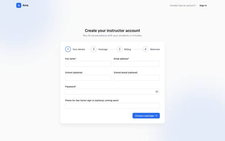 Screenshot of the Instructor Sign-up page