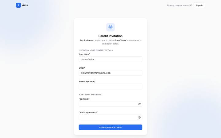Screenshot of the Parent Invitation page