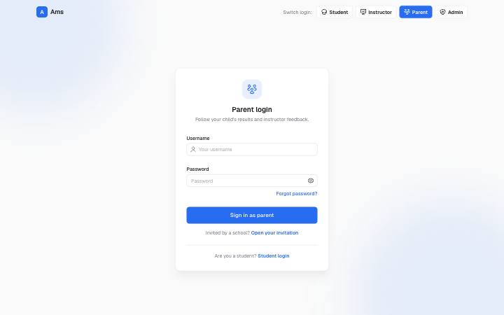 Screenshot of the Parent Login page