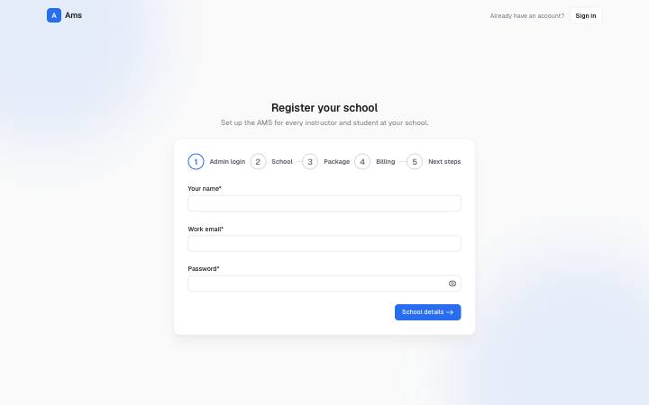 Screenshot of the School Sign-up page