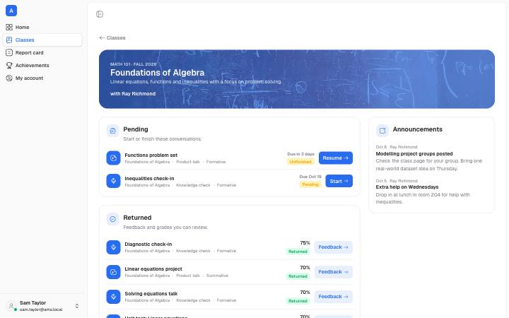 Screenshot of the Student Class Page page