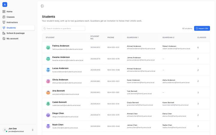 Screenshot of the Student Directory page