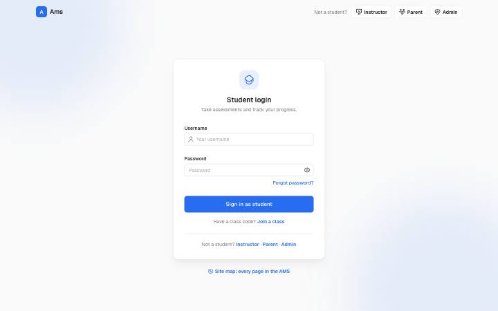 Screenshot of the Student Login (Landing) page