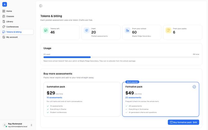 Screenshot of the Tokens & Billing page